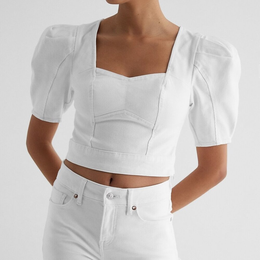 NWT Express Denim Puff Sleeve White Corset Cropped Blouse Top Size 0